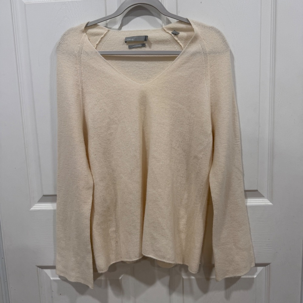 Vince Cream 100% Cashmere V-Neck Raglan Sleeve Ribbed Knit Sweater XS